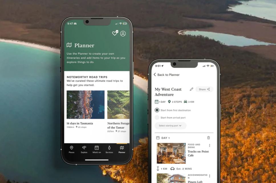 A backdrop image shows the turquoise water and white sand of Wineglass Bay from above, surrounded by lots of gum trees. In the foreground is two phone screens. The screen on the left shows the Discover Tasmania App "Planner" display screen, showing "Noteworthy road trips" and thumbnail images of various Tasmanian locations followed by Itinerary names, such as "14 days in Tasmania". The right-side phone screen displays a personalised trip plan in the app, with the headline "My west coast adventure" followed by information such as "1 day, 3 stops, 3km" and images of each stop on the road trip. The first stop on the road trip reads: "Day 1: Food and drink, Tracks on Point Cafe" accompanied with a photo of the cafe.