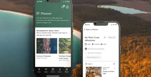 A backdrop image shows the turquoise water and white sand of Wineglass Bay from above, surrounded by lots of gum trees. In the foreground is two phone screens. The screen on the left shows the Discover Tasmania App "Planner" display screen, showing "Noteworthy road trips" and thumbnail images of various Tasmanian locations followed by Itinerary names, such as "14 days in Tasmania". The right-side phone screen displays a personalised trip plan in the app, with the headline "My west coast adventure" followed by information such as "1 day, 3 stops, 3km" and images of each stop on the road trip. The first stop on the road trip reads: "Day 1: Food and drink, Tracks on Point Cafe" accompanied with a photo of the cafe.