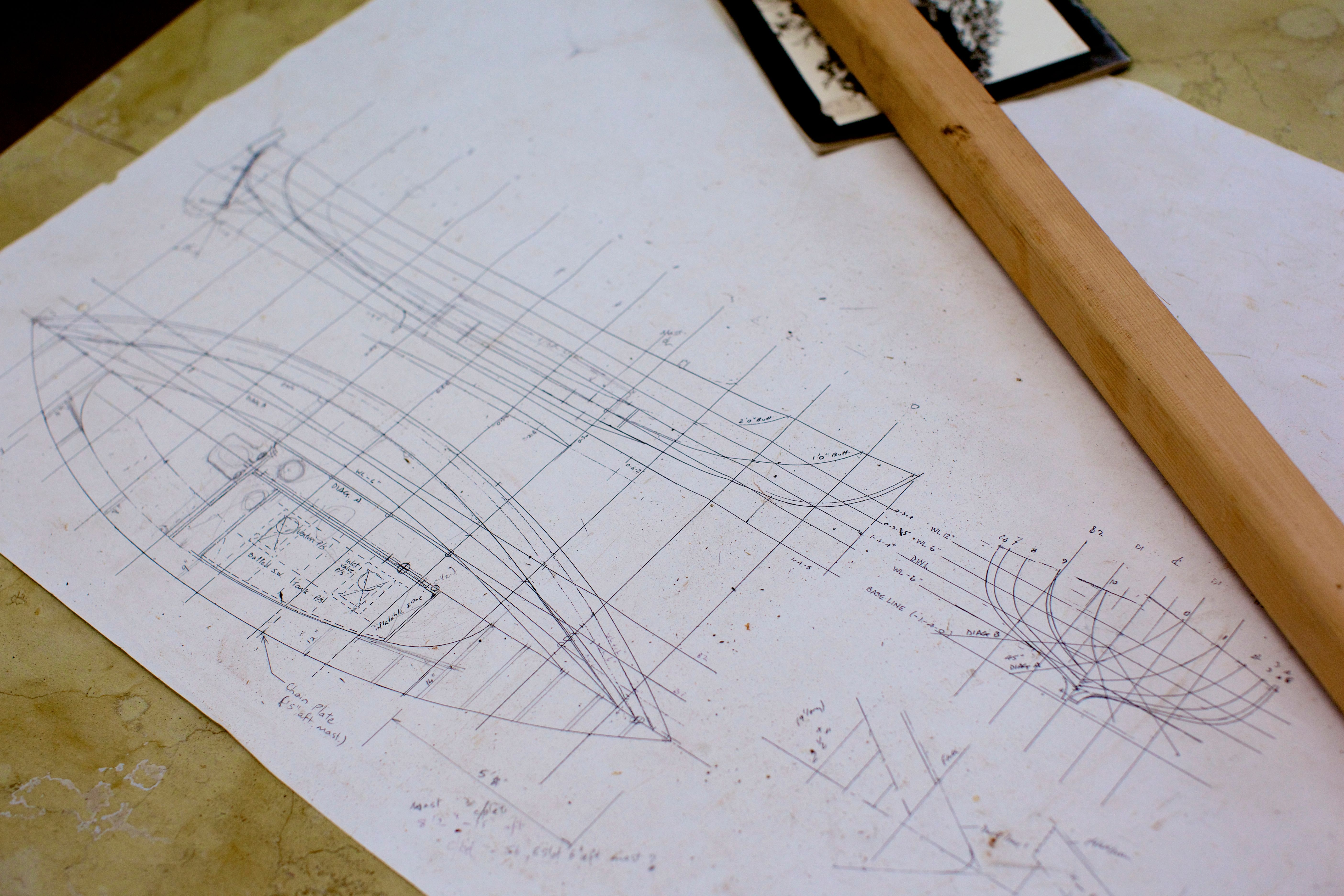 Hand drawn boat plans at the Wooden Boat Centre Tasmania, Franklin in the Huon Valley