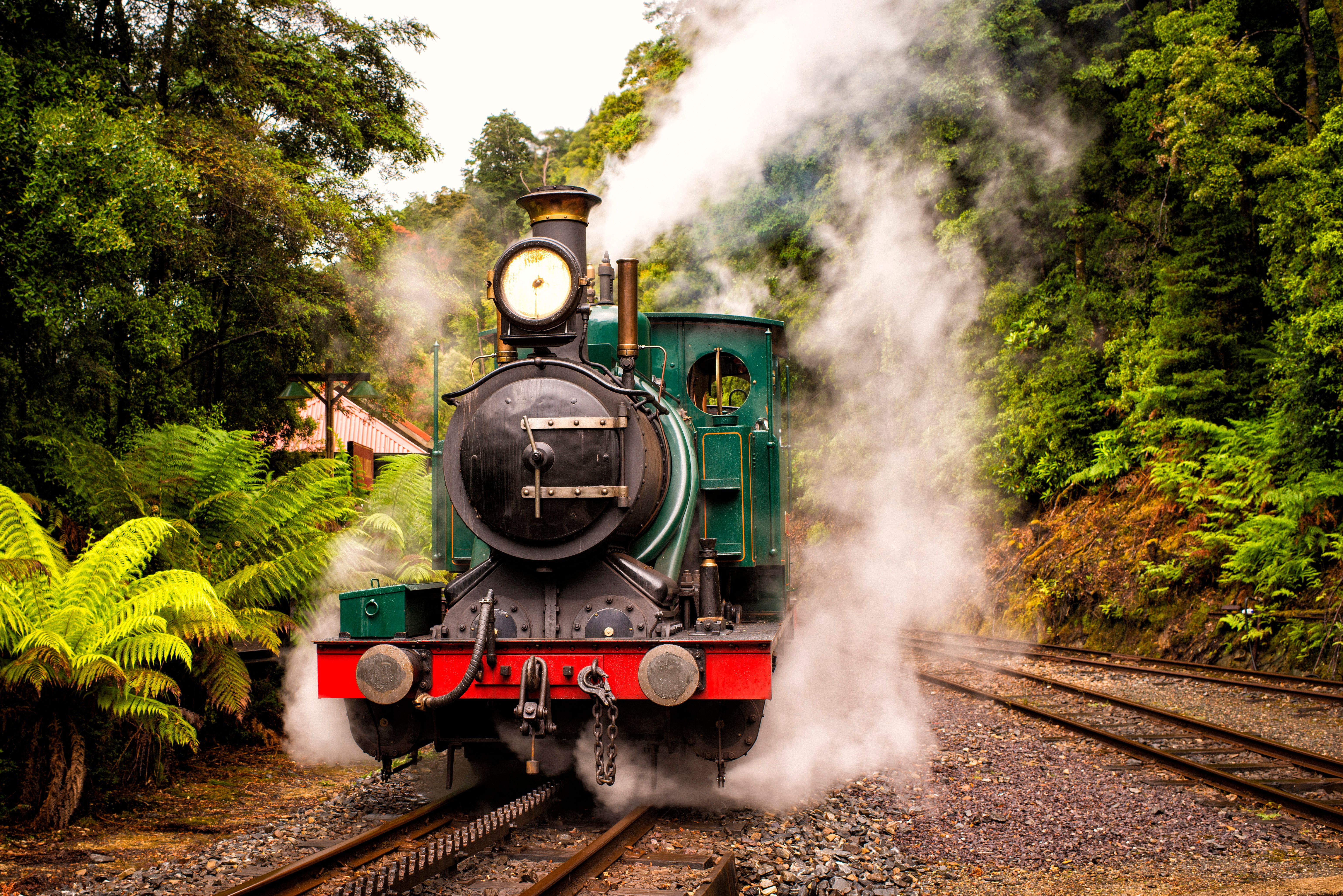 A green steam train on the West Coast Wilderness Railway between Queenstown and Strahan, Tasmania