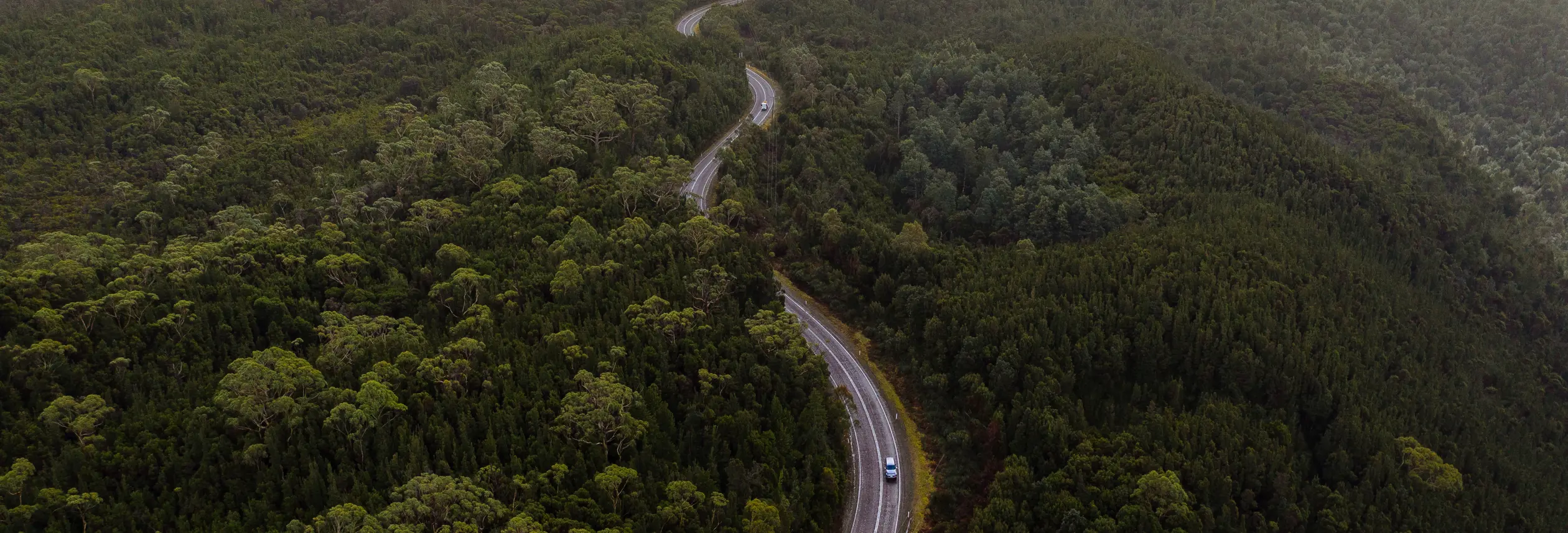 Aerial view of cars winding along Anthony Road surrounded by trees, West Coast Range, Tasmania