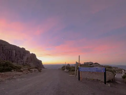 The road to Watchtower Lookout with rocky cliffs and pastel skies, Ben Lomond National Park, Tasmania