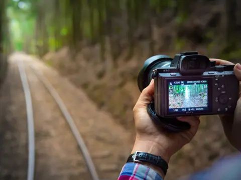 Person holding a camera photographing a forested railway track