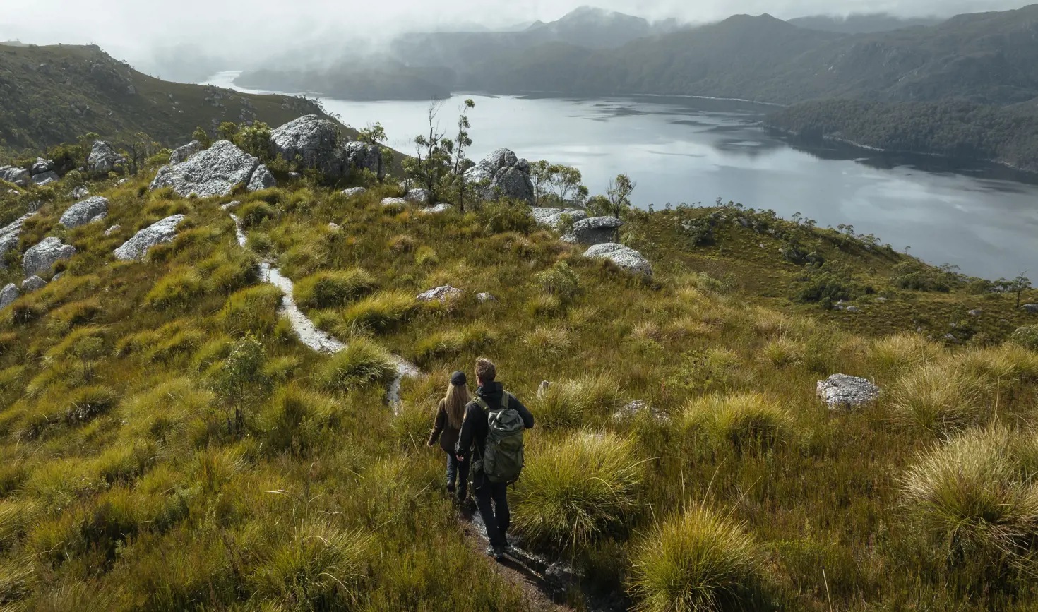 Walkers on coastal scrub land with button grass plains and mountain range in background