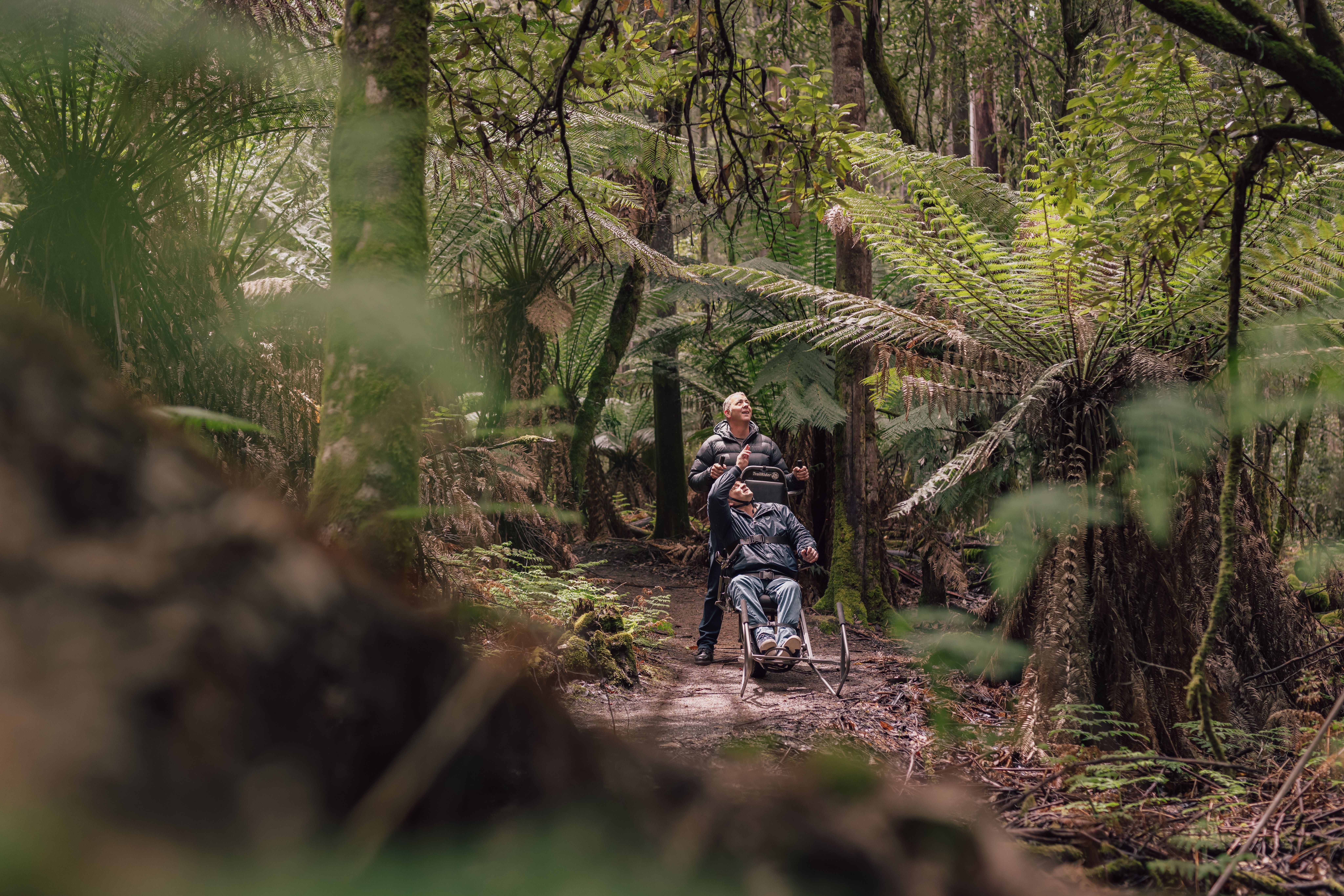 A person being carefully assisted along a bush trail in an all-terrain wheelchair, moving through the forest with support from a companion.