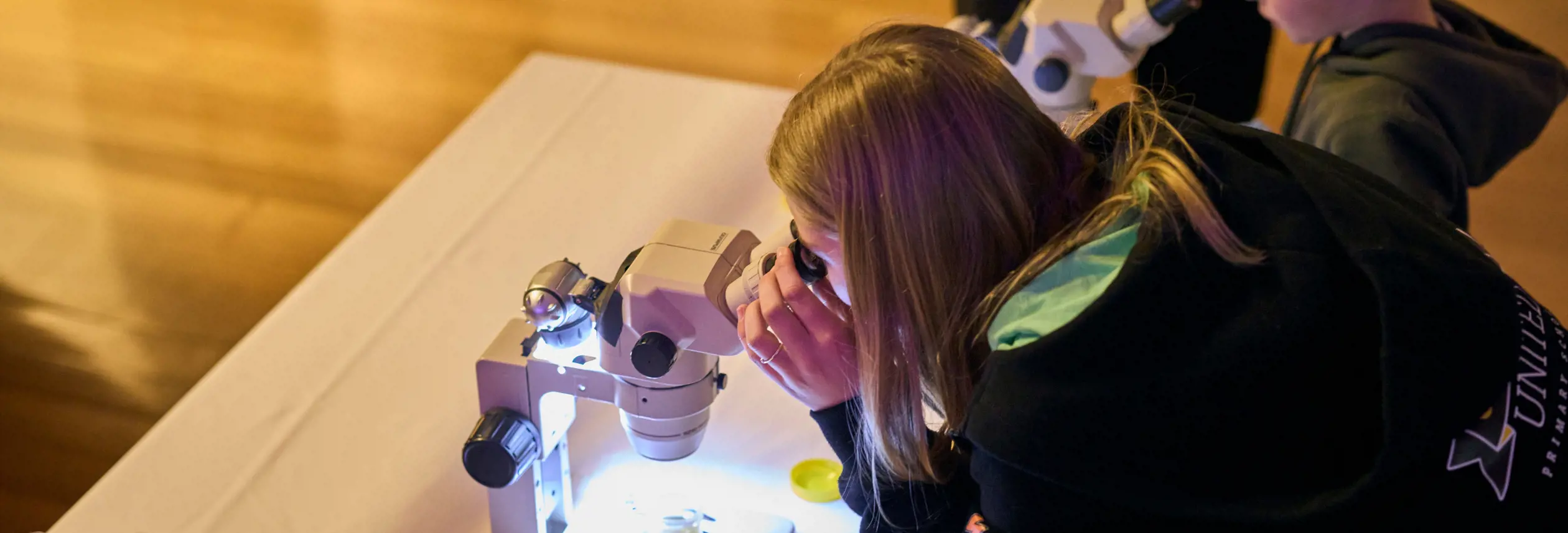 Two children bent over illuminated microscopes on a table, engrossed in examining specimens in what appears to be a hands-on science activity or educational workshop.